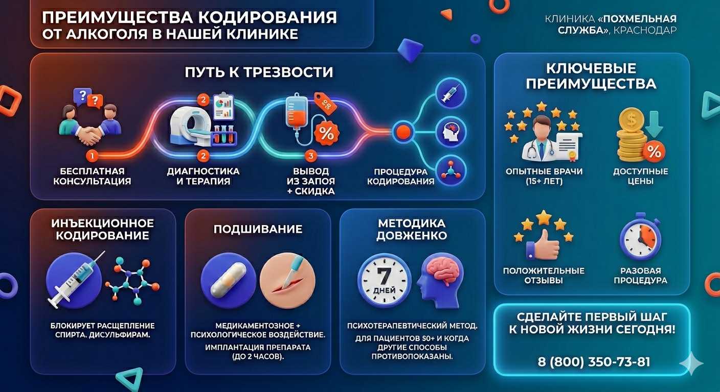 Инфографика о методах кодирования от алкоголя в Людиново: инъекции, подшивание, метод Довженко. Преимущества клиники и этапы лечения.