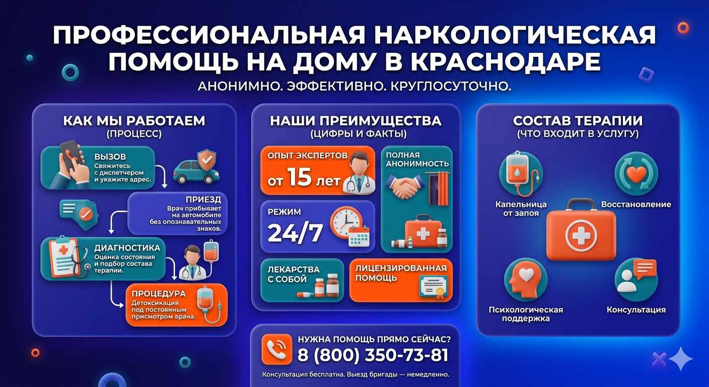 Инфографика о принципах лечения алкоголизма на дому в Людиново: этапы вызова нарколога, преимущества анонимной детоксикации и состав медицинской помощи.